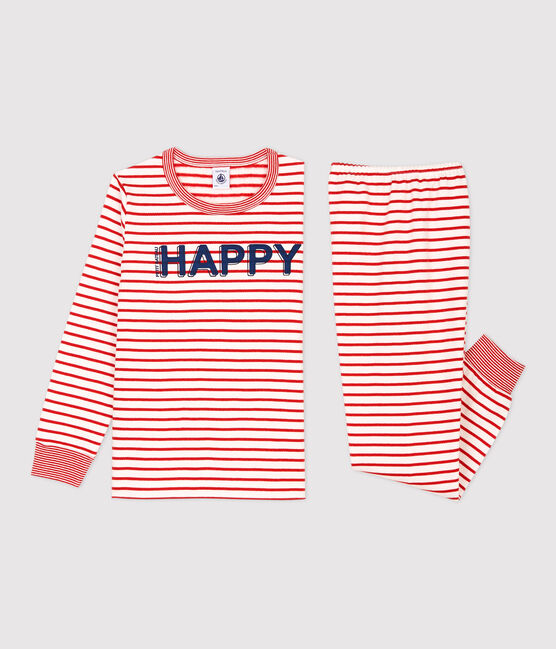 Kinderpyjama aus Molton mit roten Marinestreifen weiss MARSHMALLOW/rot TERKUIT