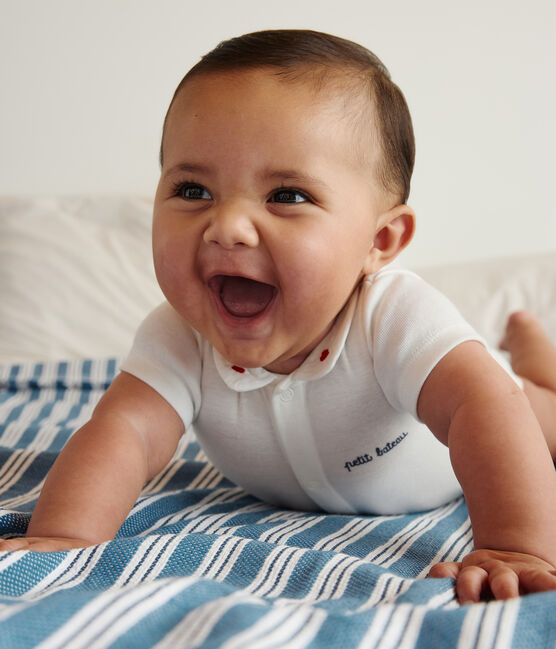 Kurzärmeliger Newborn-Body mit Kragen aus Baumwolle weiss MARSHMALLOW