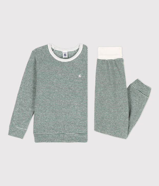Kinderpyjama aus Baumwollfrottee mit Ringelstreifen gr&uuml;n/weiss