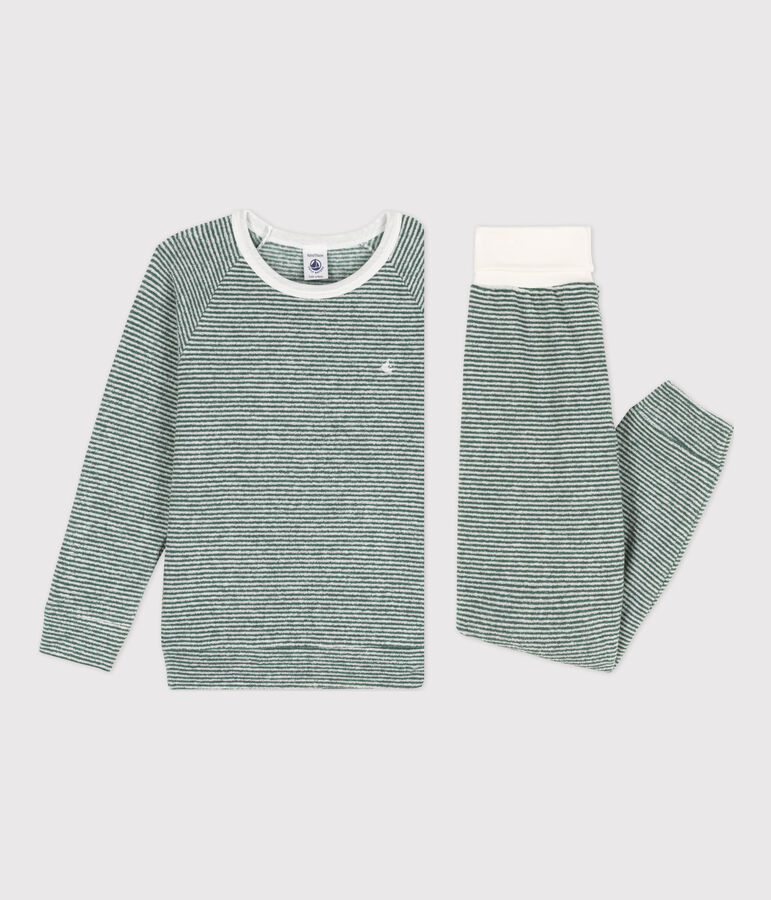Kinderpyjama aus Baumwollfrottee mit Ringelstreifen gr&uuml;n/weiss