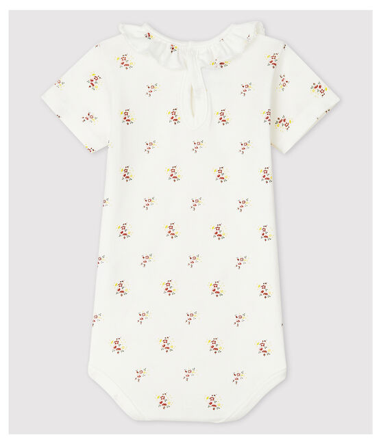 Kurzärmeliger Baby-Body mit Halskrause weiss MARSHMALLOW/weiss MULTICO