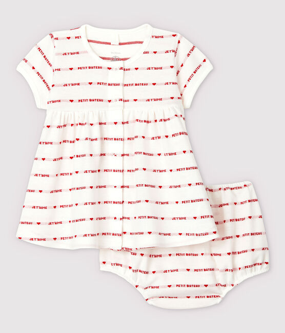 Kurzärmeliges Baby-Kleid mit Bloomer-Shorts aus Bio-Baumwoll-Jacquard für Mädchen weiss MARSHMALLOW/rot TERKUIT