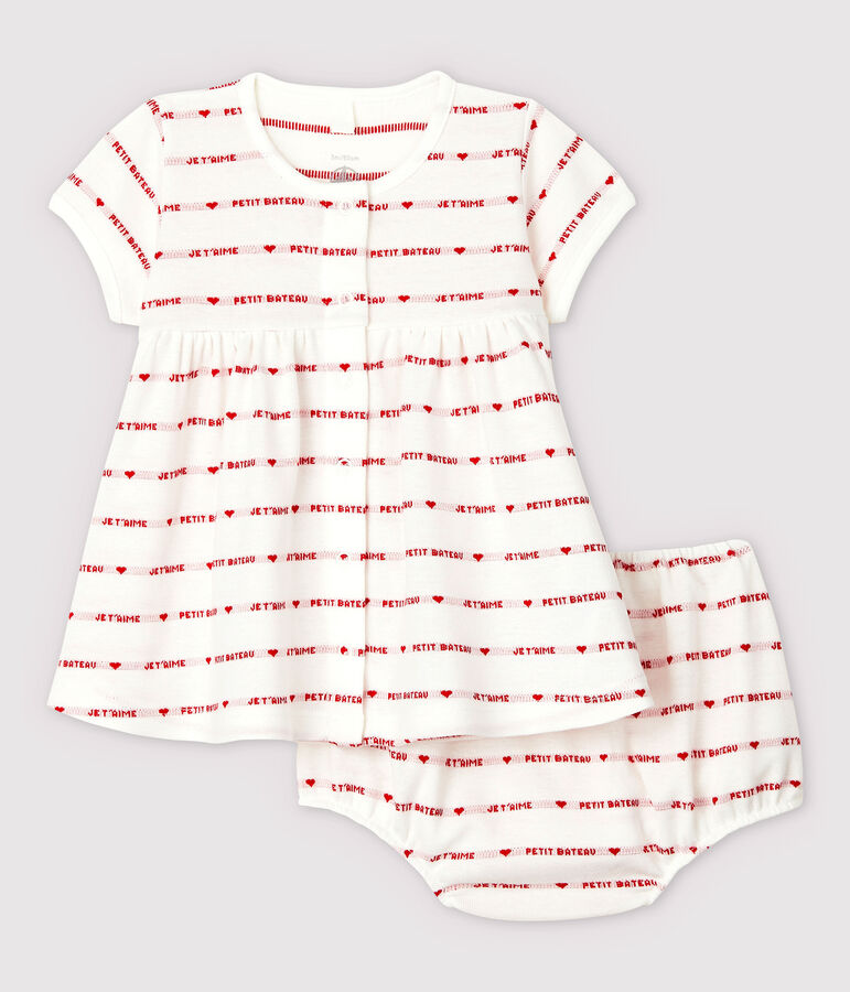 Kurz&auml;rmeliges Baby-Kleid mit Bloomer-Shorts aus Bio-Baumwoll-Jacquard f&uuml;r M&auml;dchen weiss/rot