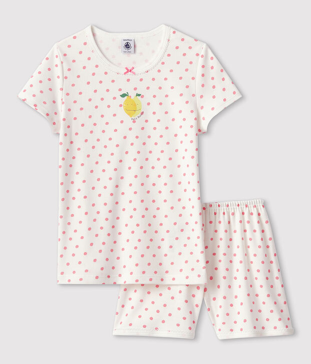 Kinder-Kurzpyjama aus Baumwolle mit rosafarbenem Polka-Dot-Muster f&uuml;r M&auml;dchen weiss/rosa