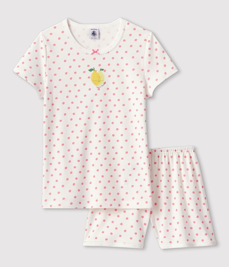 Kinder-Kurzpyjama aus Baumwolle mit rosafarbenem Polka-Dot-Muster f&uuml;r M&auml;dchen weiss/rosa