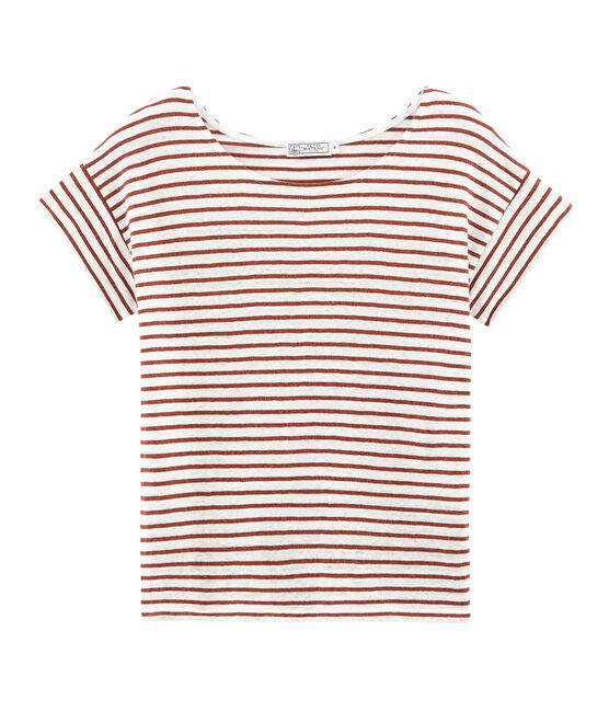 Kurzärmeliges leinen-t-shirt damen weiss MARSHMALLOW/rosa COPPER