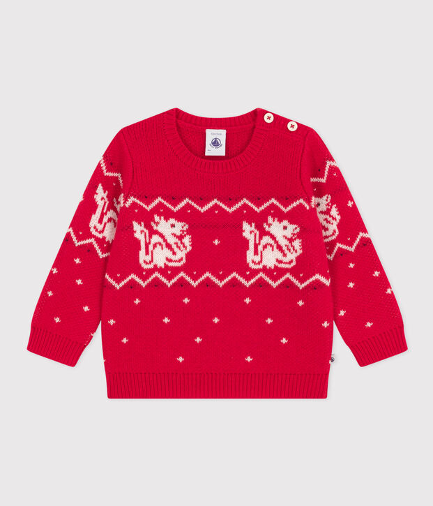 Babypullover aus Woll und Baumwollstrick rot/vielfarbig