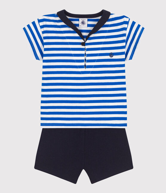 Zweiteiliges Baby-Set aus Baumwolle, T-Shirt mit Matrosenkragen blau PORCELANA/ SMOKING