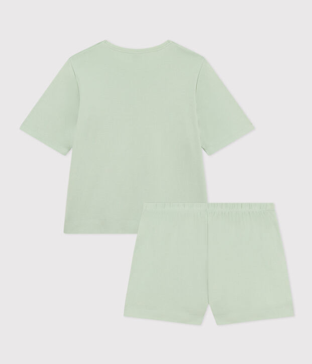 Damen-Pyjama bestehend aus kurzer Hose und T-Shirt aus einfarbiger Baumwolle. gr&uuml;n