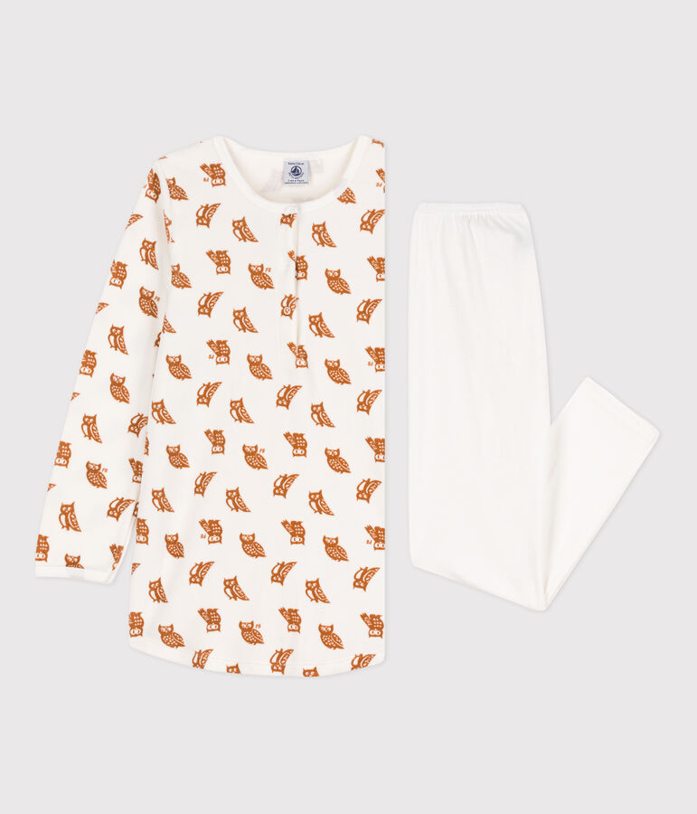 Kinder-Nachthemd und -Leggings aus Nicki und Baumwolle mit Eulenmotiv f&uuml;r M&auml;dchen weiss/braun