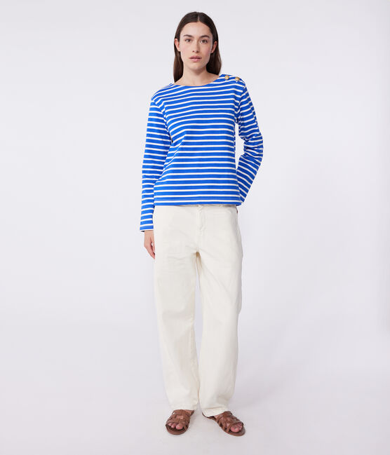 Langärmeliges Damen-Streifenshirt "Marinière" aus Baumwolle blau PERSE/weiss MARSHMALLOW
