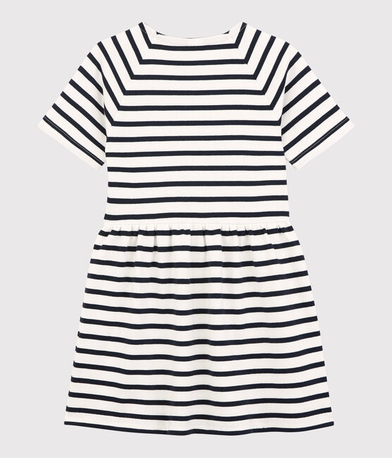 Kurzärmeliges Kleid aus Baumwolle für Mädchen weiss MARSHMALLOW/blau SMOKING