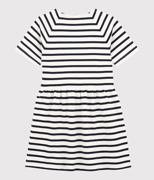 Kurz&auml;rmeliges Kleid aus Baumwolle f&uuml;r M&auml;dchen weiss/blau