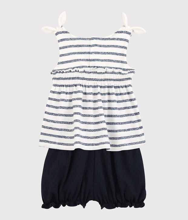 Baby-Ensemble aus Bluse + Bloomers aus Baumwolle/Leinen f&uuml;r M&auml;dchen weiss/blau