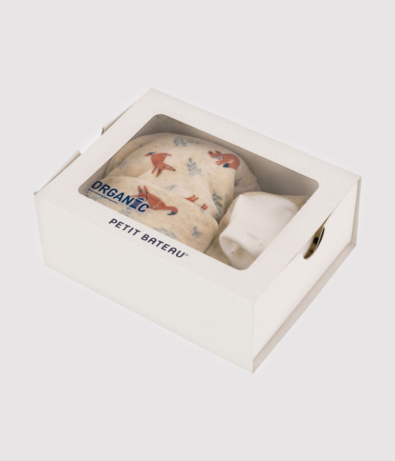 Set aus Samt f&uuml;r Neugeborene mit M&uuml;tze und Babyschuhen mit Fuchsmotiv beige/vielfarbig