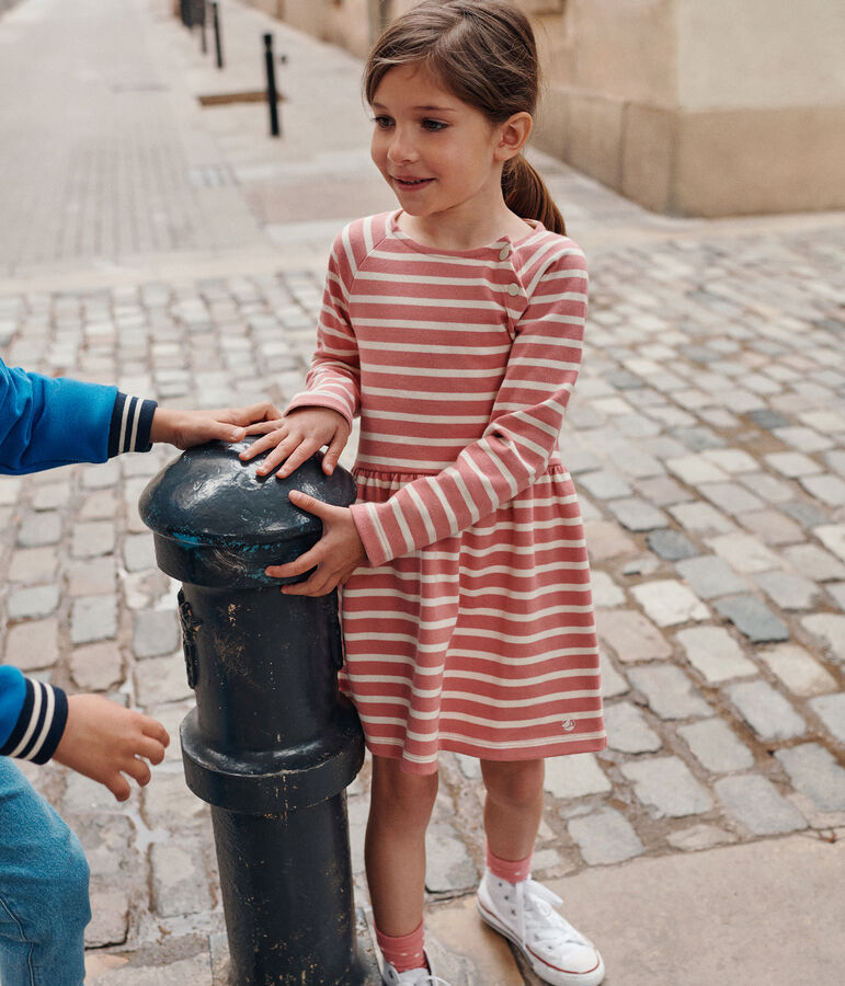 Lang&auml;rmeliges Kinder-Kleid aus festem Baumwollstoff f&uuml;r M&auml;dchen rosa/naturfarben