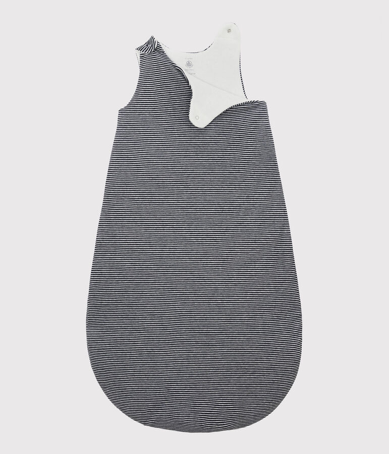 Baby-Schlafsack aus Bio-Baumwoll-Velours mit Streifenmuster blau/weiss