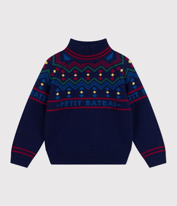 Kinder-Pullover mit Stehkragen aus Wolle und Baumwolle mit Muster blau/vielfarbig