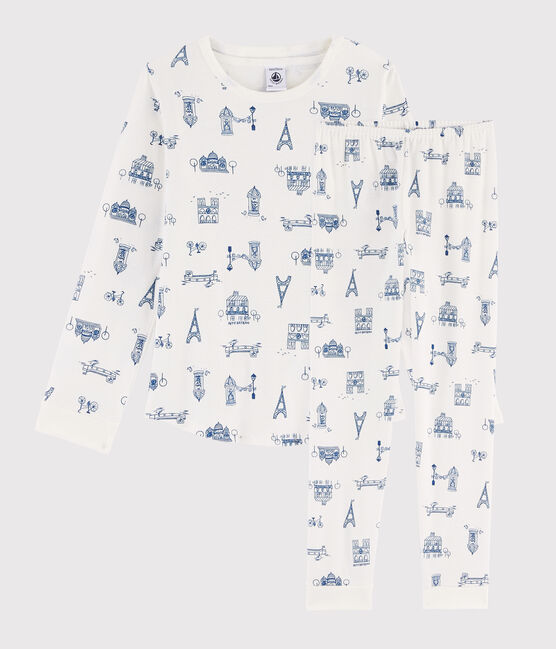 Kinderpyjama aus Rippstrick mit Paris-Aufdruck weiss MARSHMALLOW/blau MAJOR