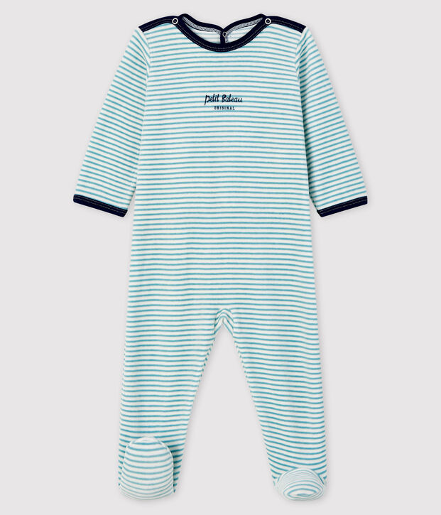 Baby-Strampler aus Nicki mit Streifen weiss/blau