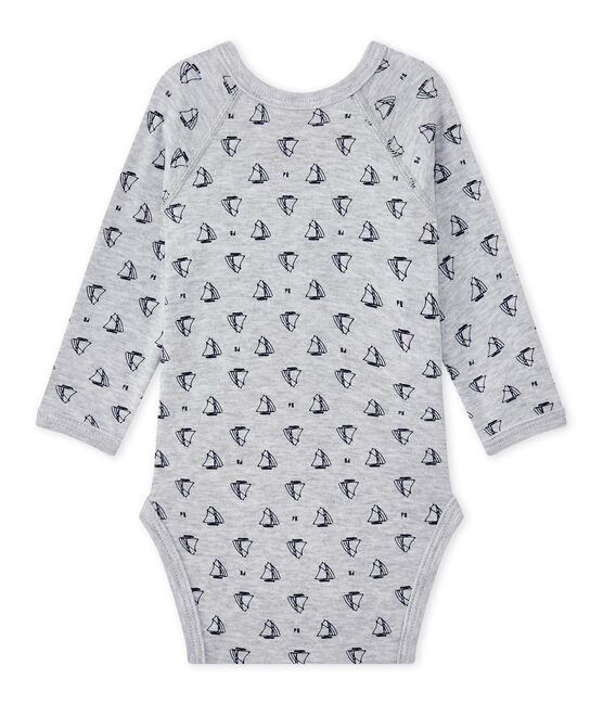Bedruckter Baby-Jungen-Wickelbody mit langen Ärmeln grau POUSSIERE/blau MEDIEVAL
