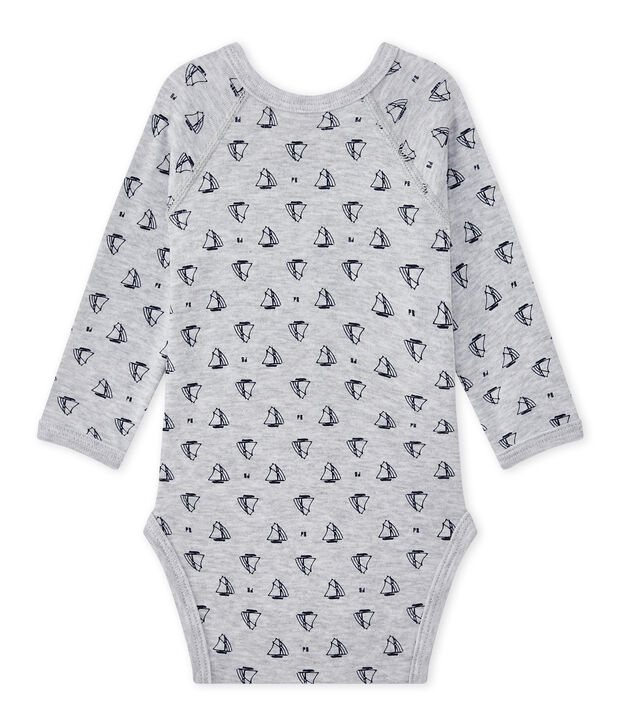 Bedruckter Baby-Jungen-Wickelbody mit langen &Auml;rmeln grau/blau