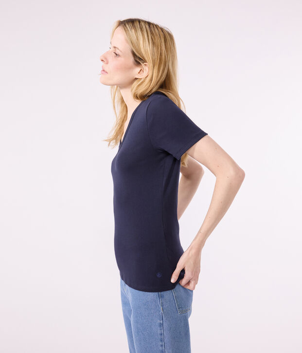 Kurz&auml;rmeliges Damen-T-Shirt L'ICONIQUE aus einfarbigem Rippstrick blau