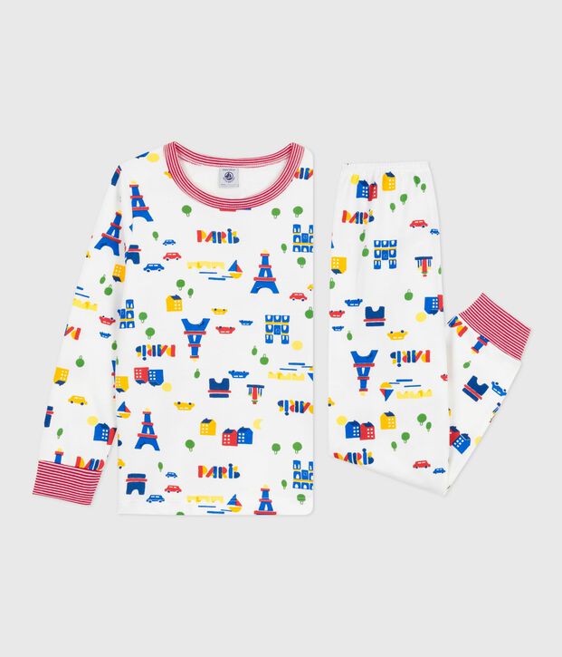 Kinder-Pyjama aus Molton mit Paris-Motiven weiss/vielfarbig
