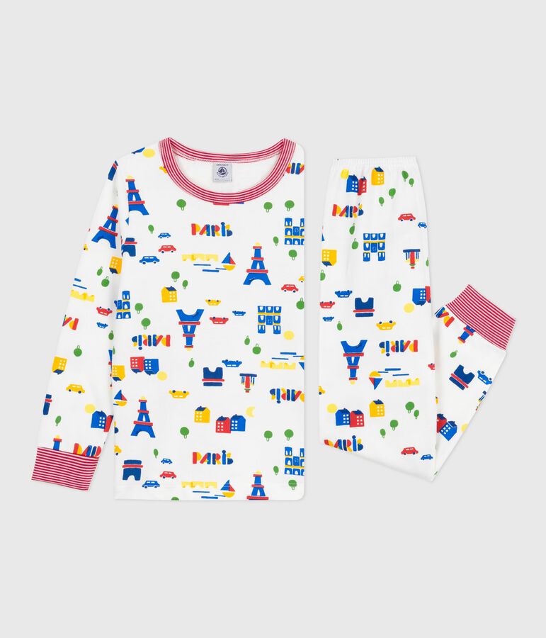 Kinder-Pyjama aus Molton mit Paris-Motiven weiss/vielfarbig