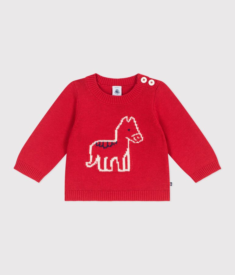 Baby-Pullover aus Woll- und Baumwollstrick mit Pferdmotiv rot/naturfarben