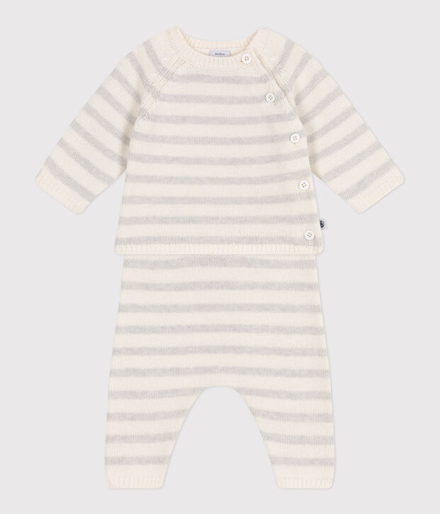 2-teiliges Baby-Set aus Woll- und Baumwoll-Strick weiss/beige