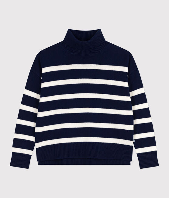 Damen-Pullover mit Stehkragen aus Wolle und Baumwolle mit Streifen blau SOIR/ MARSHMALLOW