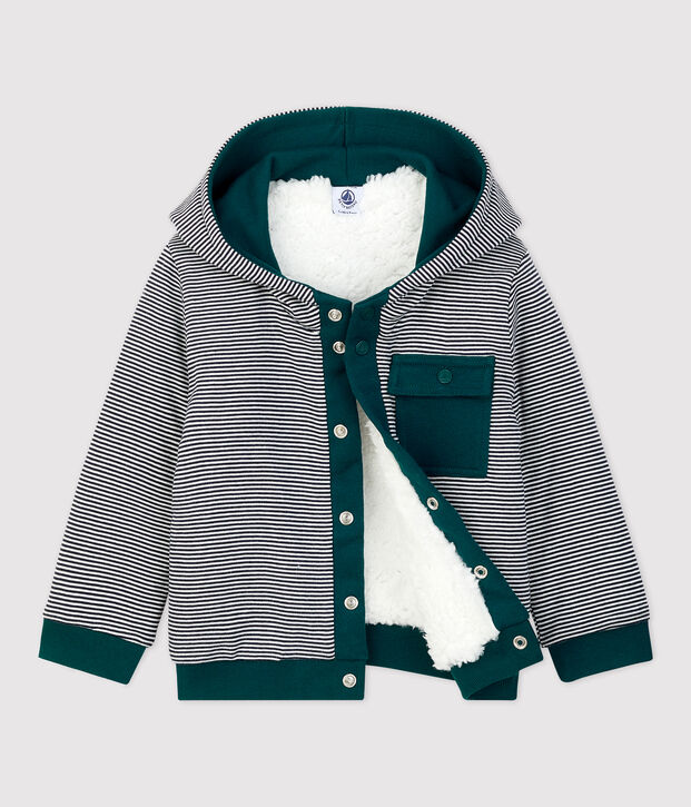 Baby-Cardigan aus Sherpa. weiss/gr&uuml;n