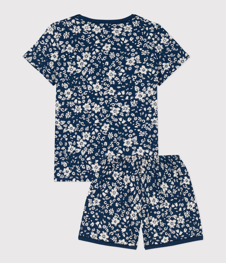 Kinder-Kurzpyjama aus Baumwolle mit Blumenmotiv f&uuml;r M&auml;dchen blau/weiss