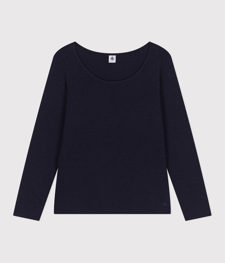 Lang&auml;rmeliges Damen-T-Shirt Le Droit mit weitem Ausschnitt aus geflammten Jersey blau