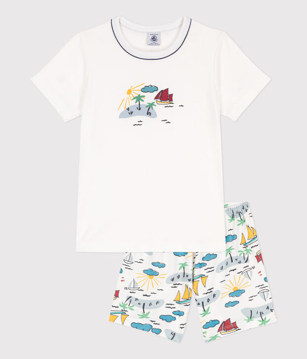 Kinder-Kurzpyjama f&uuml;r Entdecker aus Baumwolle weiss/vielfarbig