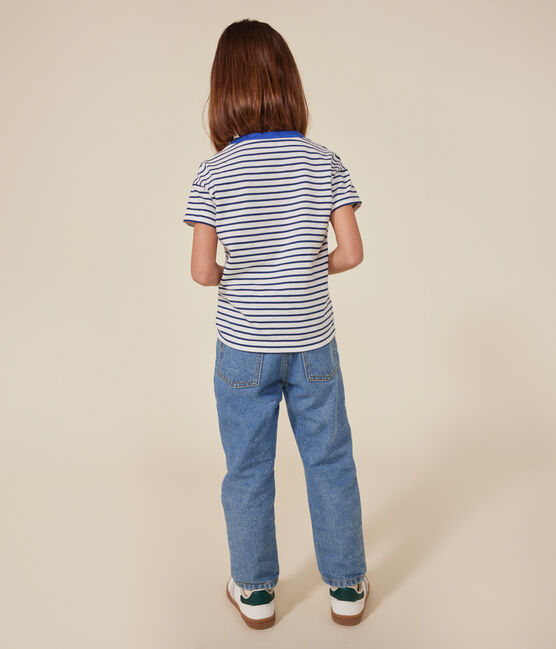 Kurzärmeliges Kinder-T-Shirt aus Jersey weiss MARSHMALLOW/blau MEDIEVAL