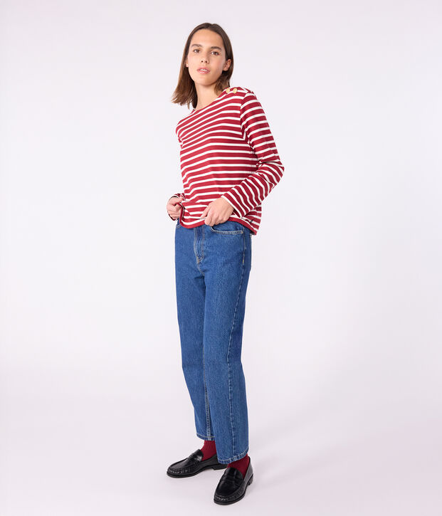 Damen-Streifenshirt Marini&egrave;re aus Baumwolle rot/naturfarben