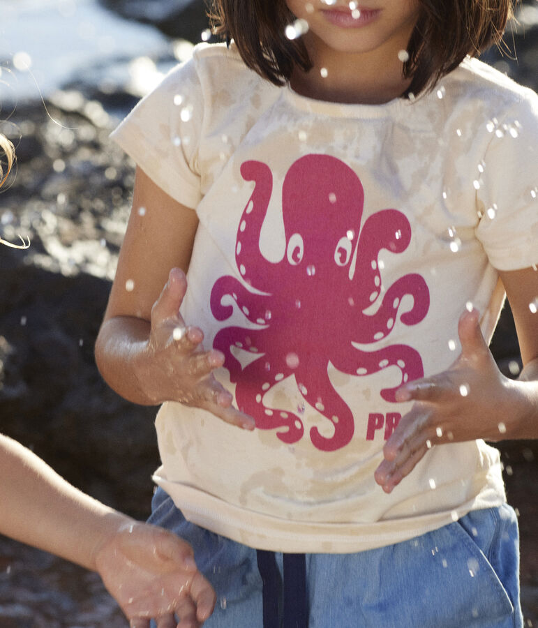 Kurz&auml;rmeliges beflocktes Kinder-T-Shirt f&uuml;r M&auml;dchen naturfarben