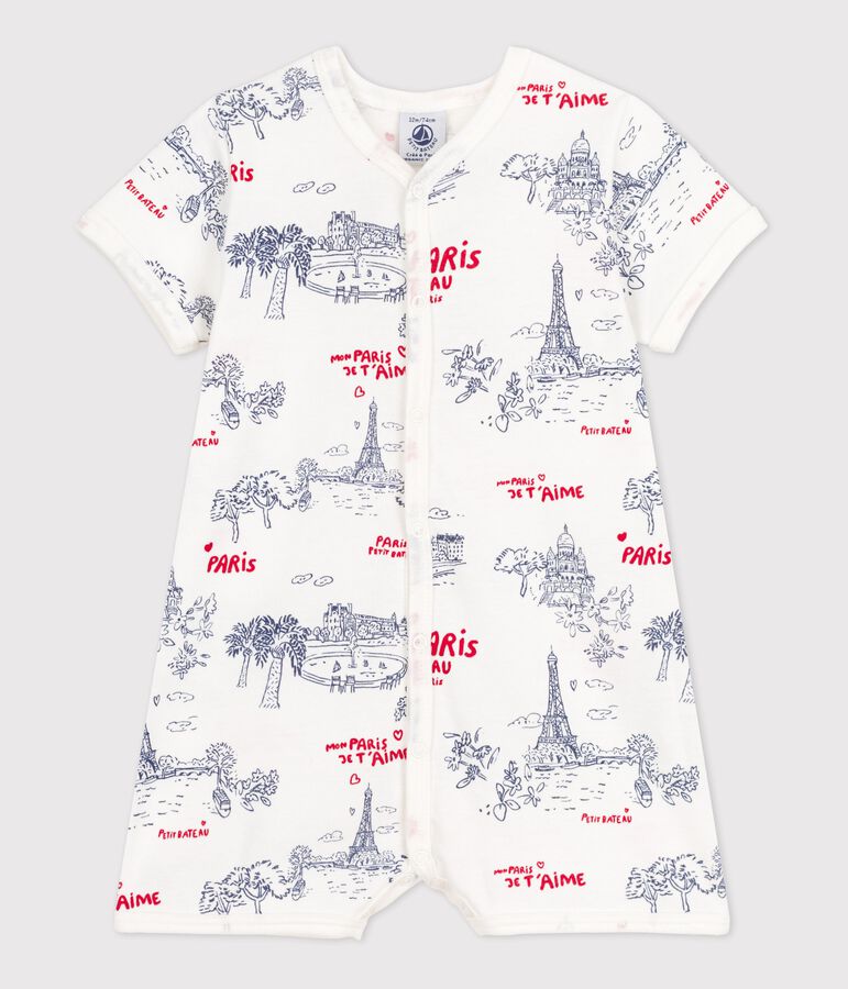 Baby-Kurzoverall Paris aus Baumwolle weiss MARSHMALLOW/weiss MULTICO