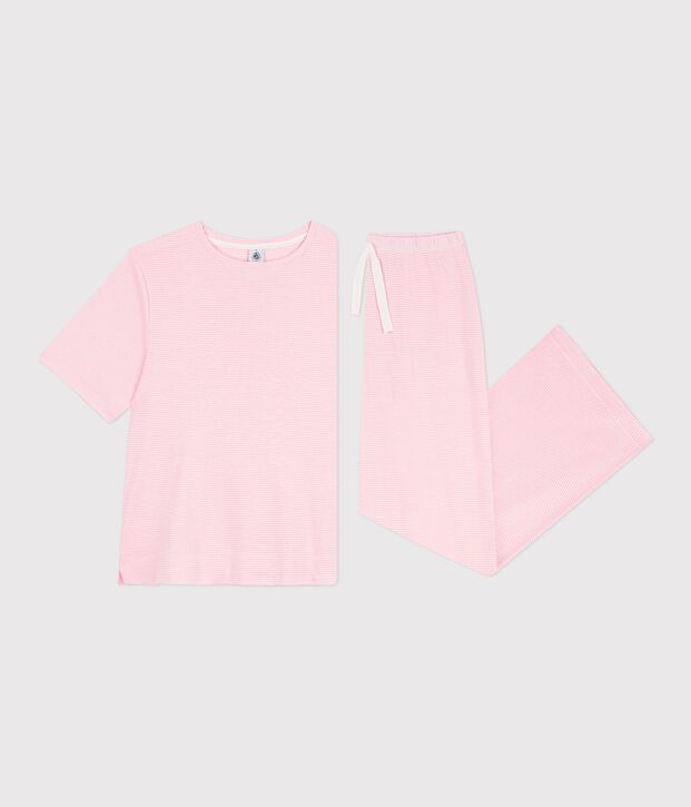 Damen-Pyjama aus Baumwolle mit weiten Beinen und Streifen rosa/weiss