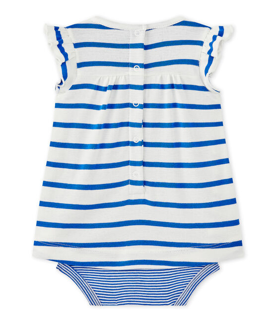 Baby-Mädchen-Bodykleid mit originellem Streifenmuster weiss MARSHMALLOW/blau PERSE