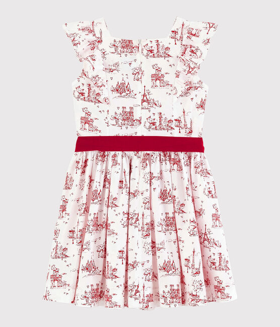 Kurzärmeliges Kinder-Kleid aus Popeline für Mädchen weiss MARSHMALLOW/rot TERKUIT