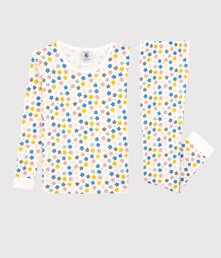 Kinderpyjama aus Baumwolle mit phosphoreszierenden Blumen f&uuml;r M&auml;dchen weiss/vielfarbig