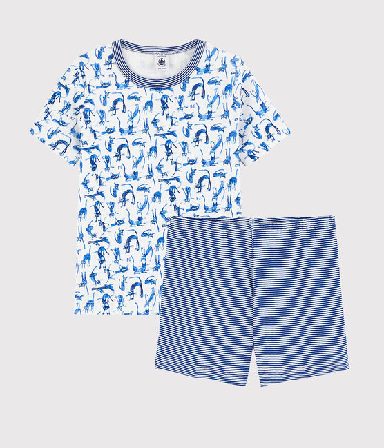 Kinder-Kurzpyjama aus Baumwolle mit Katzenmotiv für Jungen weiss MARSHMALLOW/weiss MULTICO