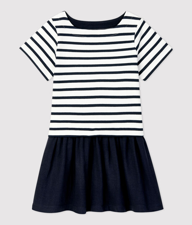 Kleid aus Bio-Baumwolljersey und -Musselinstoff f&uuml;r M&auml;dchen weiss/blau