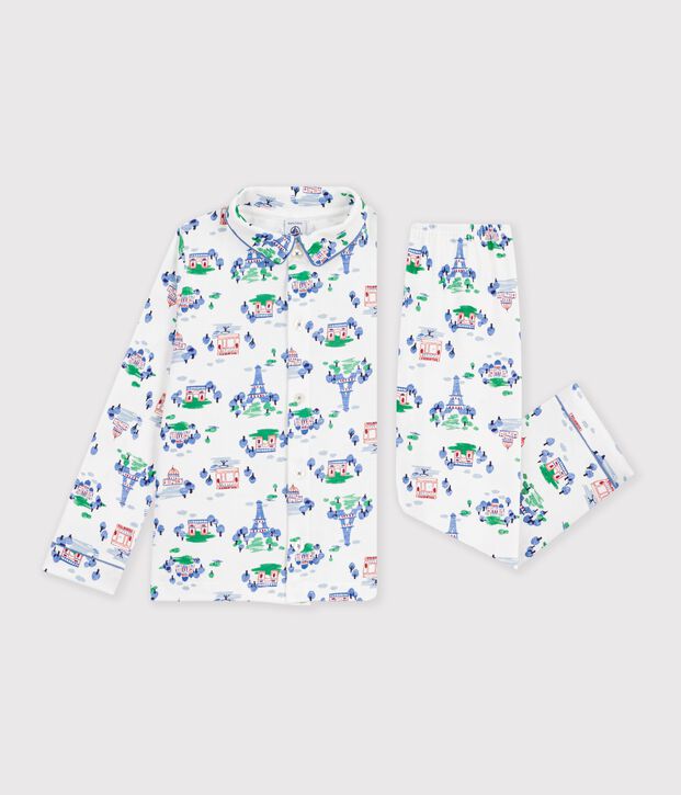 Gekn&ouml;pfter Kinder-Pyjama aus Baumwolle mit Paris-Motiven weiss/vielfarbig