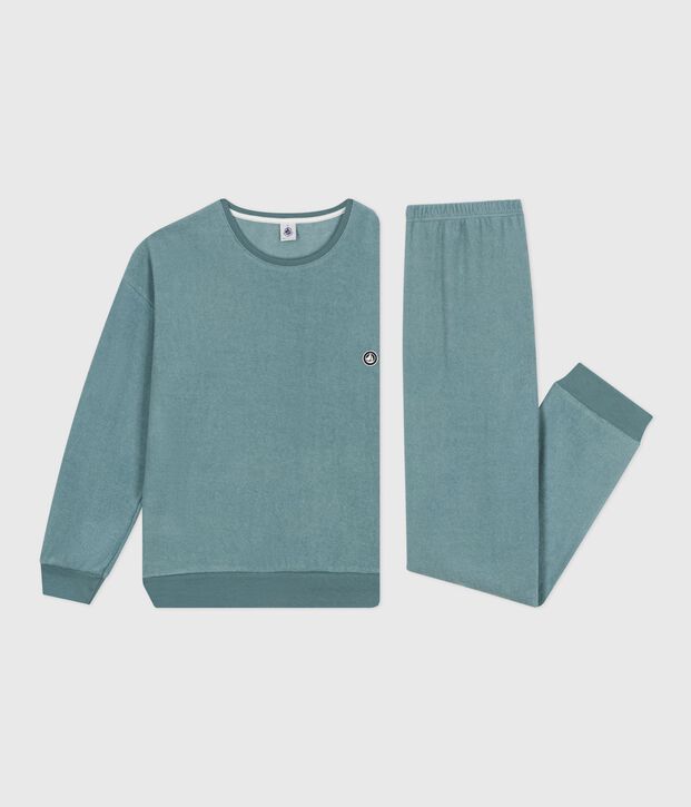 Damen-Pyjama aus einfarbigem Baumwoll-Frottee blau
