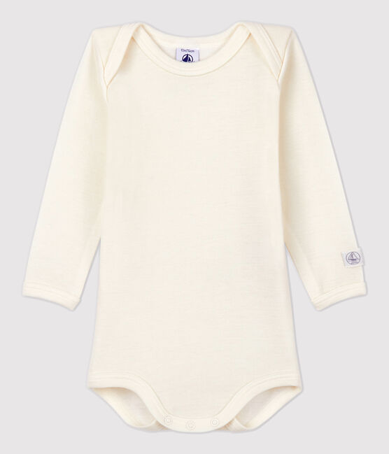 Langärmeliger Baby-Body aus Wolle und Baumwolle weiss MARSHMALLOW