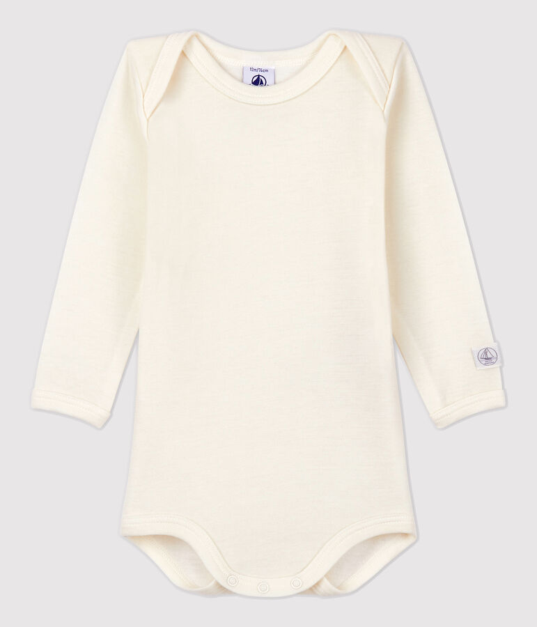 Lang&auml;rmeliger Baby-Body aus Wolle und Baumwolle weiss MARSHMALLOW
